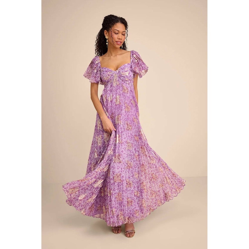Lulus Lynwen Light Purple Abstract Pleated Flutter Sleeve Maxi Dress Size Large